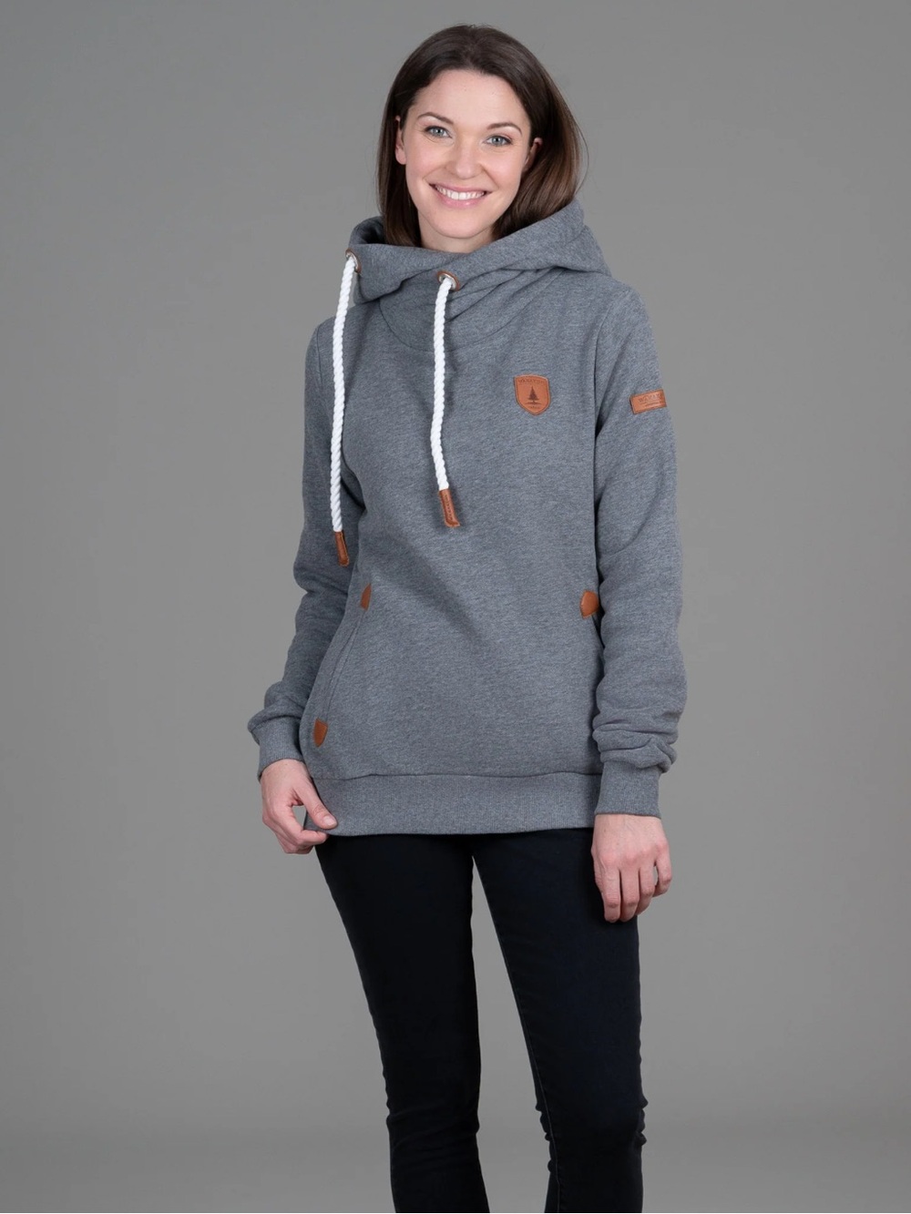 Wanakome Gray Pullover Hoodie with White Drawcord and Brown Trim